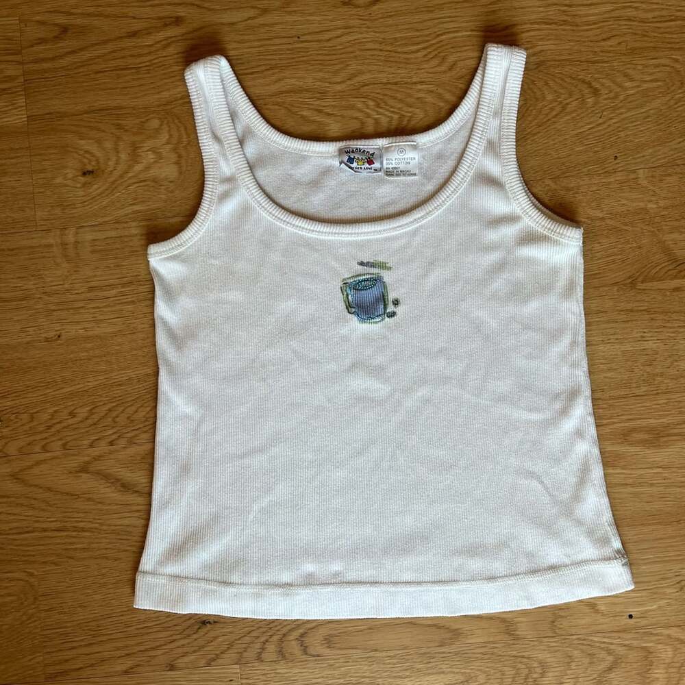 Weekend Clothes Line Tank Top Size M White Ribbed Coffee Cup Graphic
